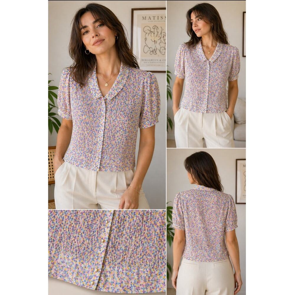 VTG Tess Milano Blouse Large Pleated Pink Pastel Confetti Feminine Twee 80s